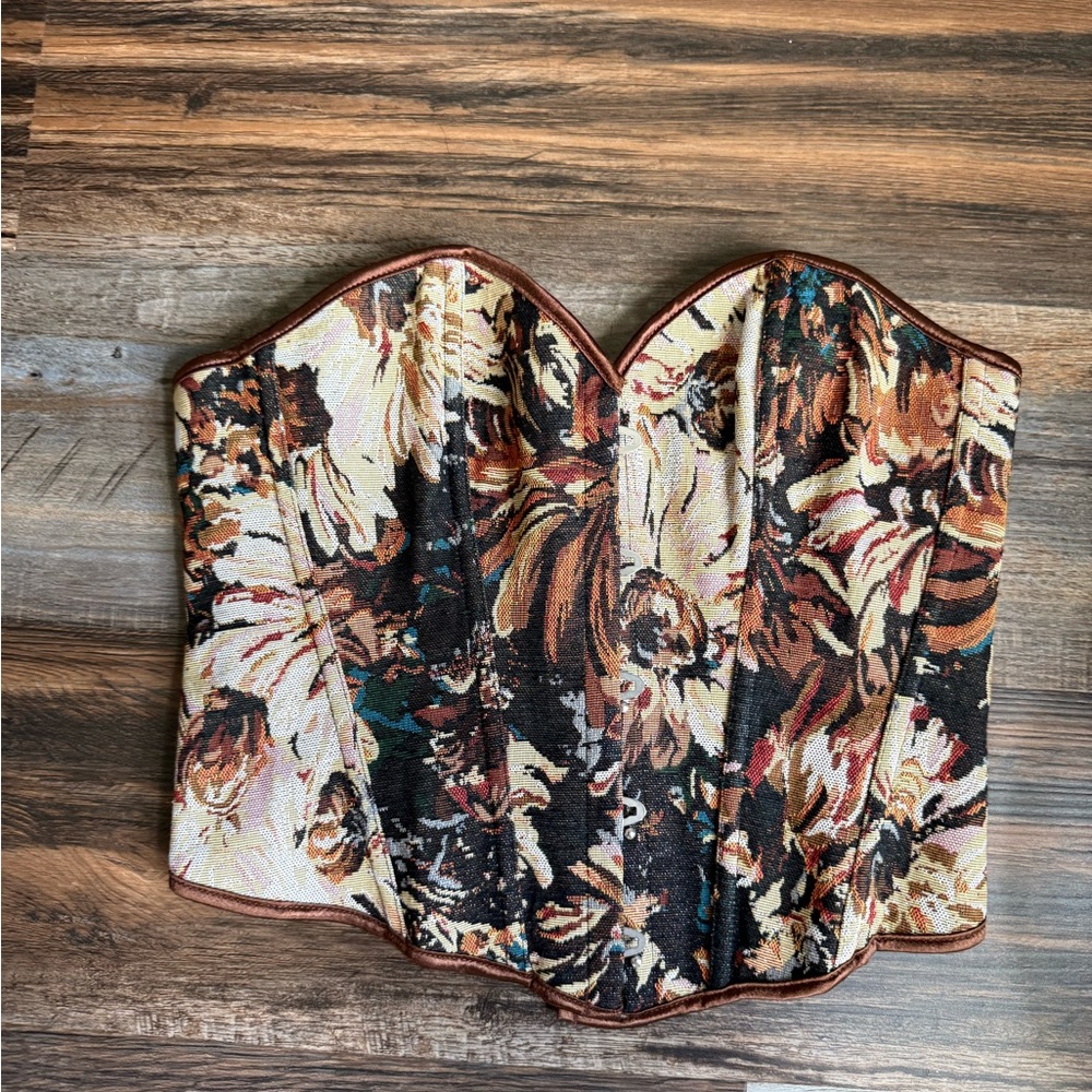 Floral Tapestry Bustier Corset Top in Brown & Cream